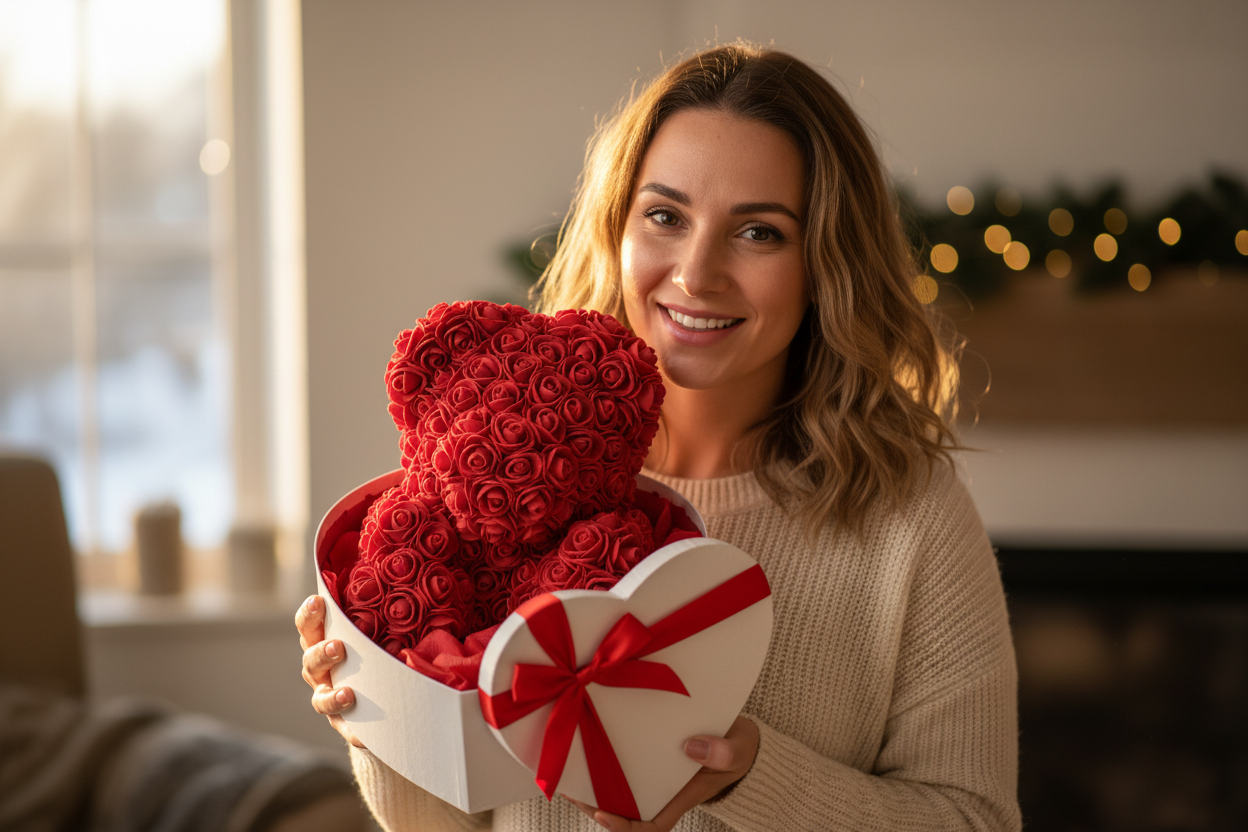 Photo réaliste - Femme avec nounours en roses